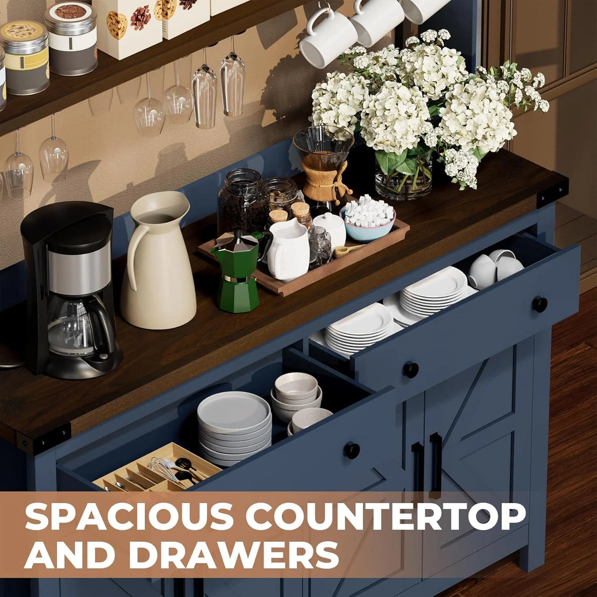 Winkalon Coffee Bar Cabinet with Hutch, 55" W Kitchen Buffet Sideboard Cabinet with 2 Drawers & USB Power Station, Black