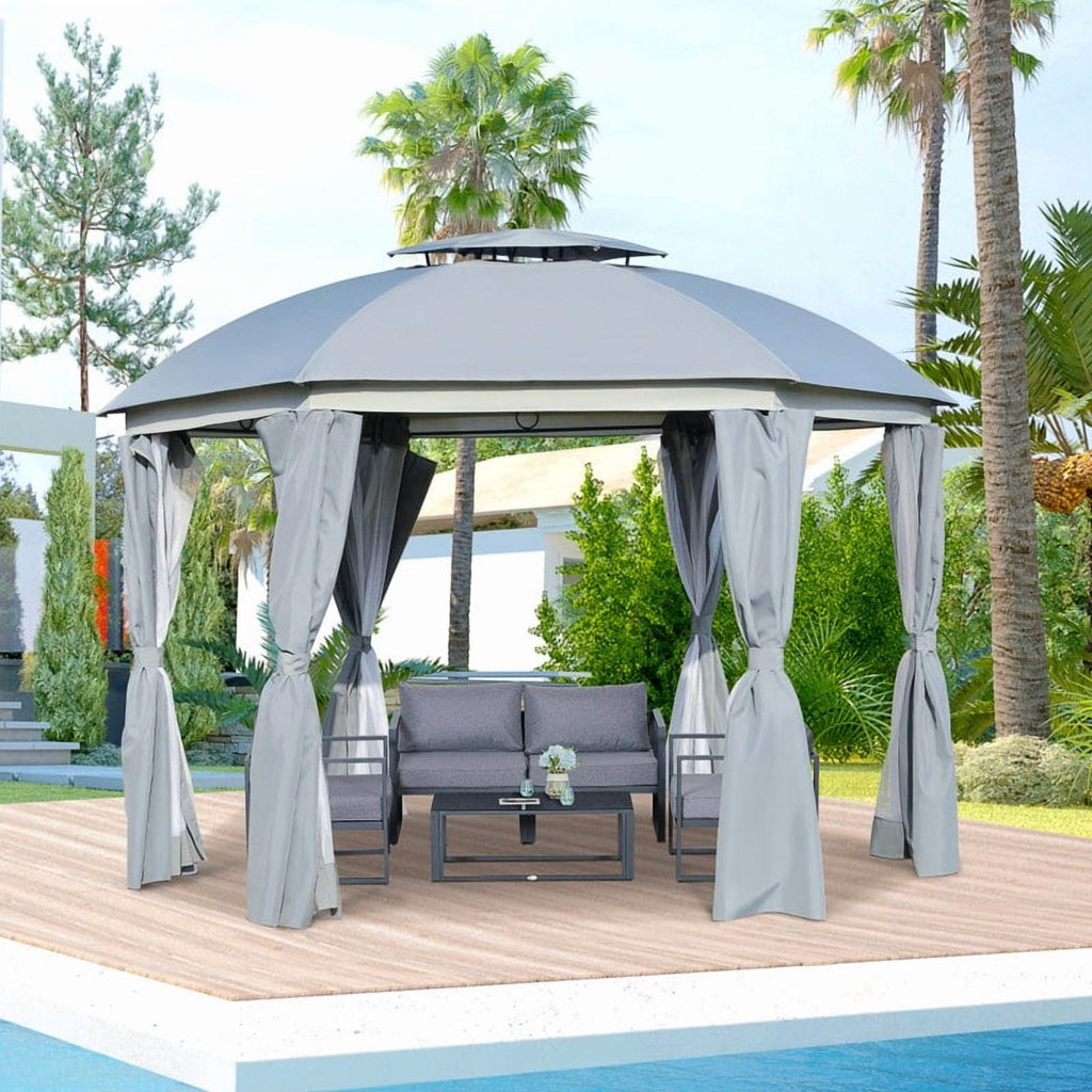 Outsunny 12' x 12' Round Outdoor Gazebo, Patio Dome Gazebo Canopy Shelter with Double Roof, Netting Sidewalls and Curtains, Zippered Doors, Strong Steel Frame, Grey On-Site