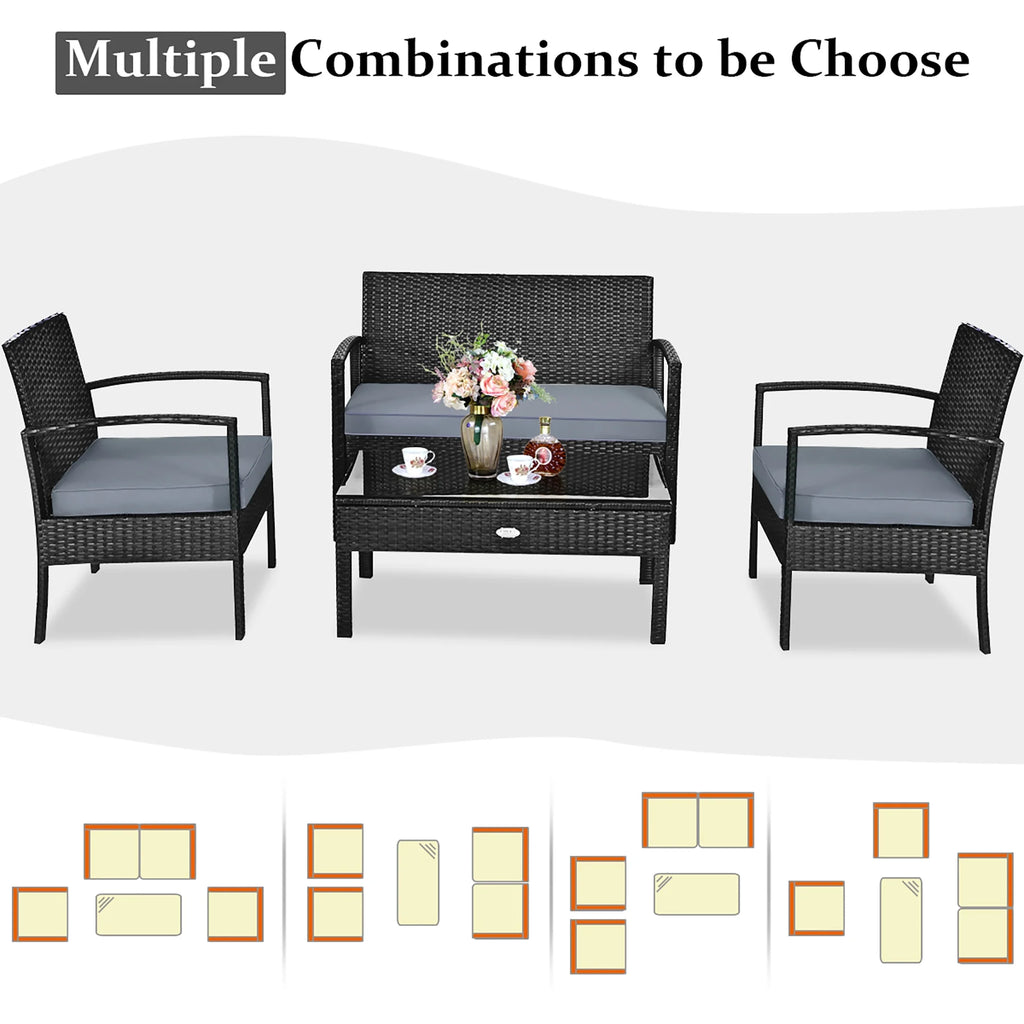 Costway 4PCS Patio Rattan Wicker Furniture Set Loveseat Sofa Cushioned Garden Yard Brown