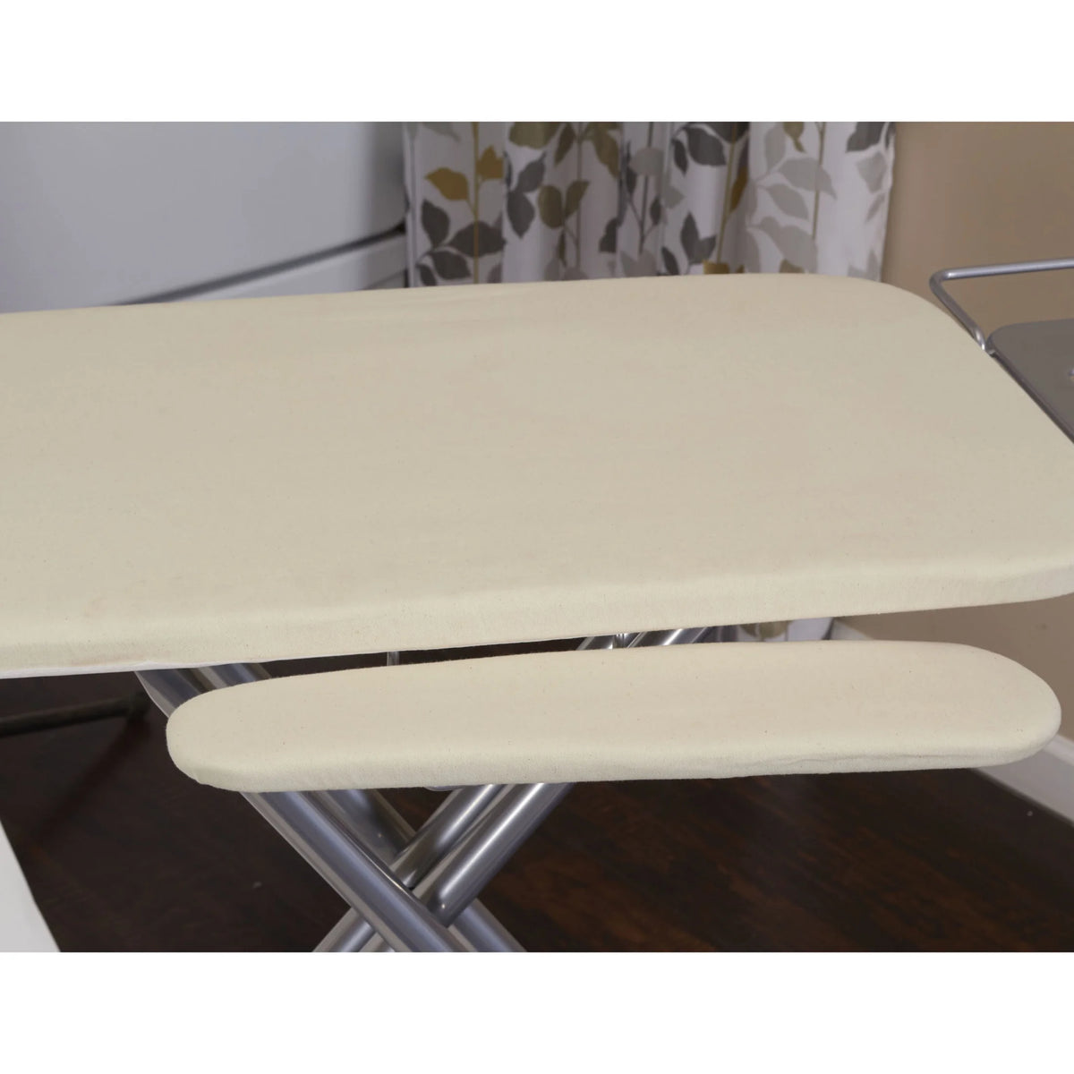Household Essentials Wide Mega Ironing Board 4-Leg, Steel Top Pressing Station, Heat-Resistant Fiber Pad and Cotton Cover, Includes Sleeve Board and Iron Rest with Hanger Bar, Silver Frame