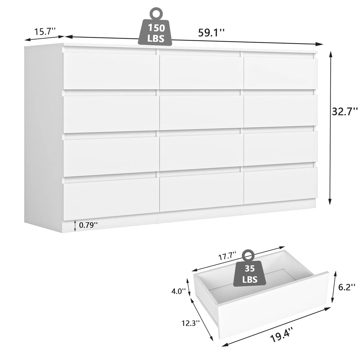 Resenkos Mid Century Modern 8 Drawer Dresser for Bedroom with Hidden Handle White