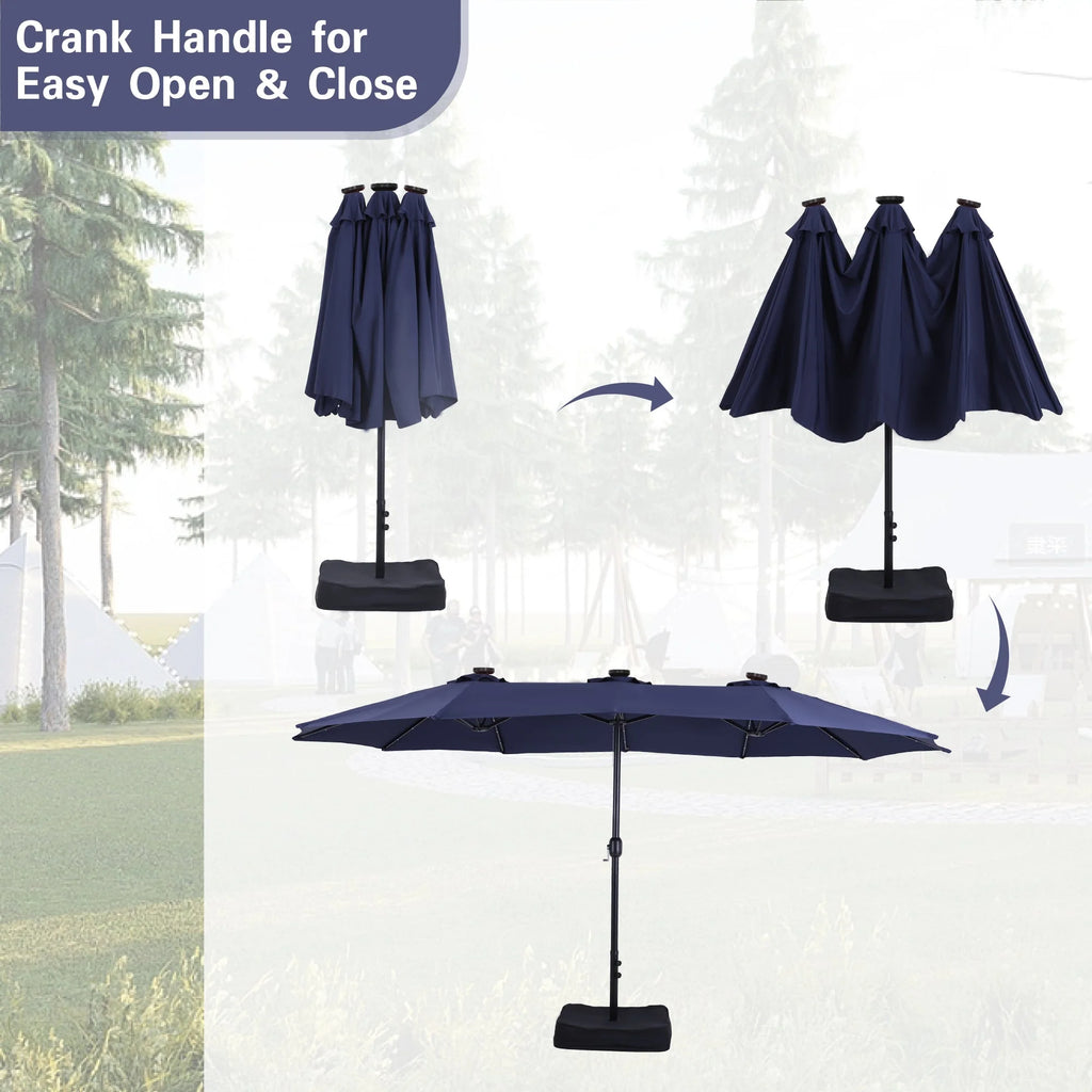 Alpha Joy 15ft Extra Large Outdoor Patio Double-Sided Umbrella with LED Solar Lights & Umbrella Base, Beige