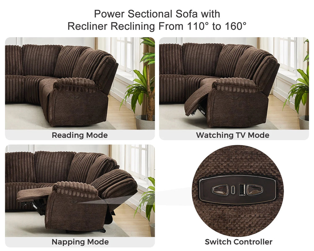 Power Reclining Sectional Sofa with Wireless Charger,6-Seater Faux Fur Sectional with Recliners,Hidden Cup Holders,Storage Console,USB & Type-C Ports,Black
