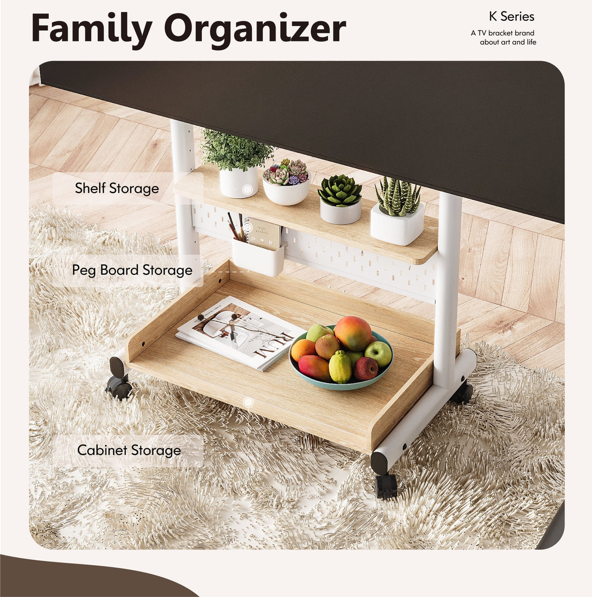 FITUEYES Rolling TV Stand with Wheels for 40-85 inch TVs, Height Adjustable Mobile TV Stand TV cart with Wooden Large Storage,White