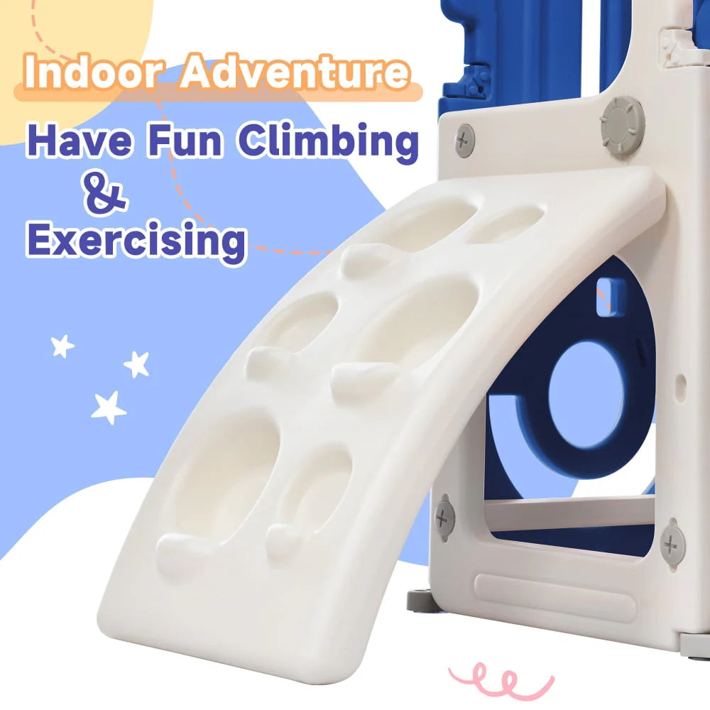 5 in 1 Toddler Swing and Slide Set with Climber, Kids Playground Climber Slide Playset with Safety Belt, Armrest, Basketball Hoop, High Adjustable Baby Swing Set for Indoor Outdoor Backyard, Blue