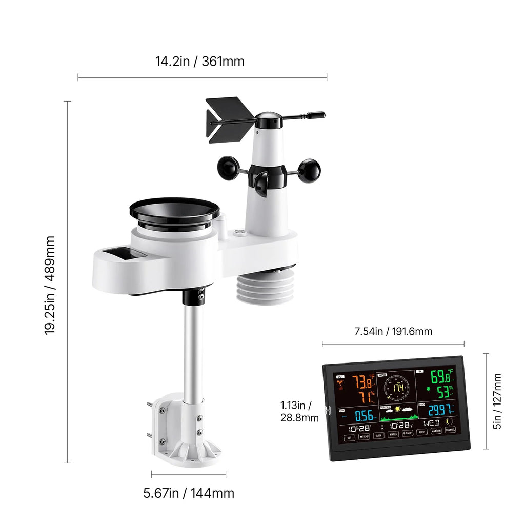 KFFKFF 5-in-1 Wireless Weather Station with 7.5-Inch VA Display, Solar-Powered Outdoor Sensor, Rain Gauge, and Indoor/Outdoor Monitoring for Weather Forecast, Temperature,Humidity,Wind Speed(No WiFi)
