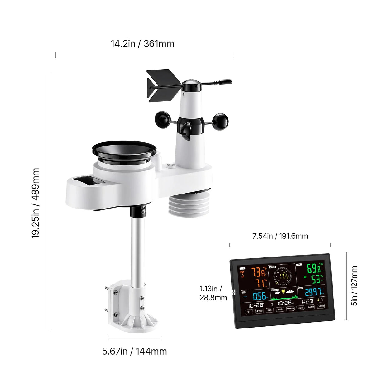 KFFKFF 5-in-1 Wireless Weather Station with 7.5-Inch VA Display, Solar-Powered Outdoor Sensor, Rain Gauge, and Indoor/Outdoor Monitoring for Weather Forecast, Temperature,Humidity,Wind Speed(No WiFi)