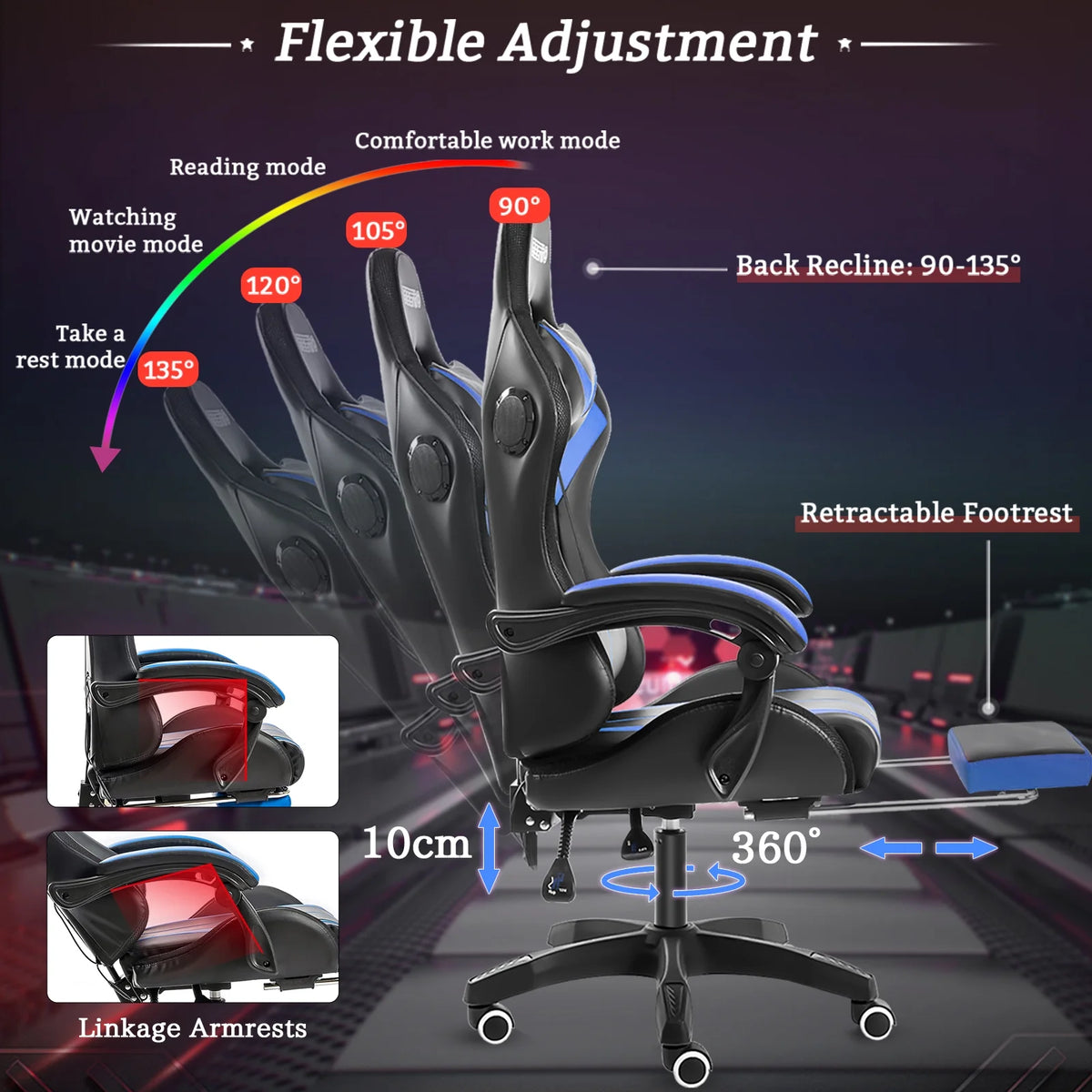 Hoffree Gaming Chair with Bluetooth Speakers and Footrest Massage Office Chair with LED Lights Ergonomic Game Chair High Back with Lumbar Support and Headrest Adjustable Swivel for Adults 300lb