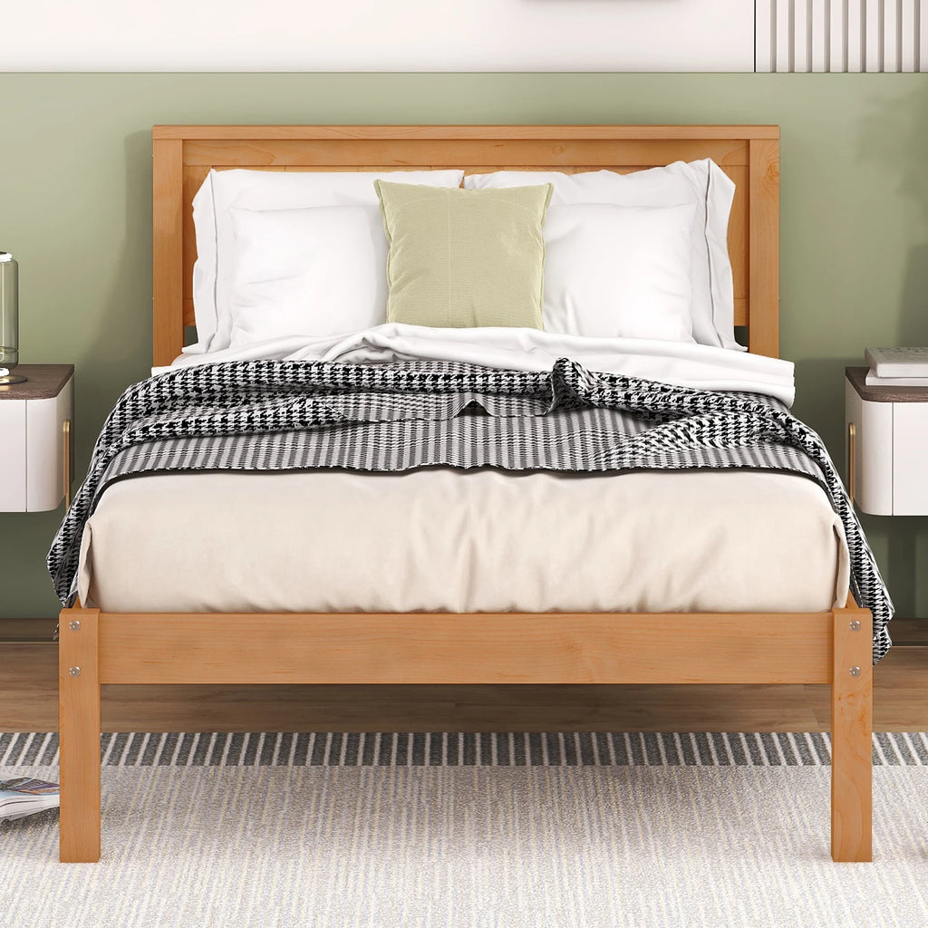 Euroco Twin Platform Bed, Modern Wood Frame Bed with Headboard and Slats for Kids Room, Oak