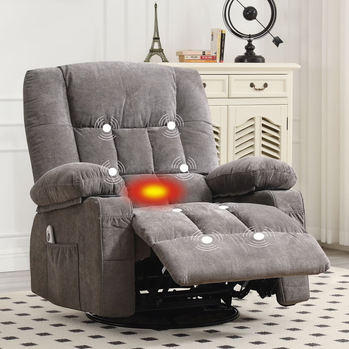 JONPONY Massage Swivel Rocker Recliner Chair with Vibration Massage and Heat Ergonomic Lounge Chair for Living Room with Rocking Function and Side Pocket, 2 Cup Holders, USB Charge Port,Grey