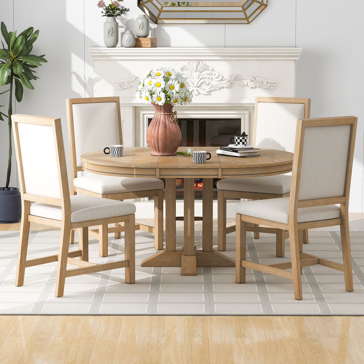 5 Piece Round Dining Table Set, Dining Room Set with Extendable Table and 4 Upholstered Chairs, Wood Dining Table Set for 4, Farmhouse Dining Table Set for Kitchen Dining Room Dorm Apartment, Brown