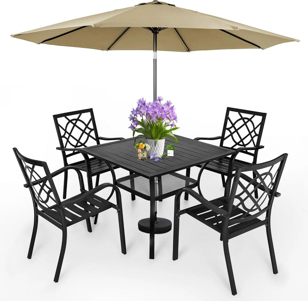 SUNCROWN 5-Piece Outdoor Wrought Iron Chairs and Table Patio Dining Furniture Set - 4 Stackable Metal Chairs, 1 Steel Slat Bistro Table and 1 Sky Blue 9Ft Patio Umbrella for Garden Backyard Deck
