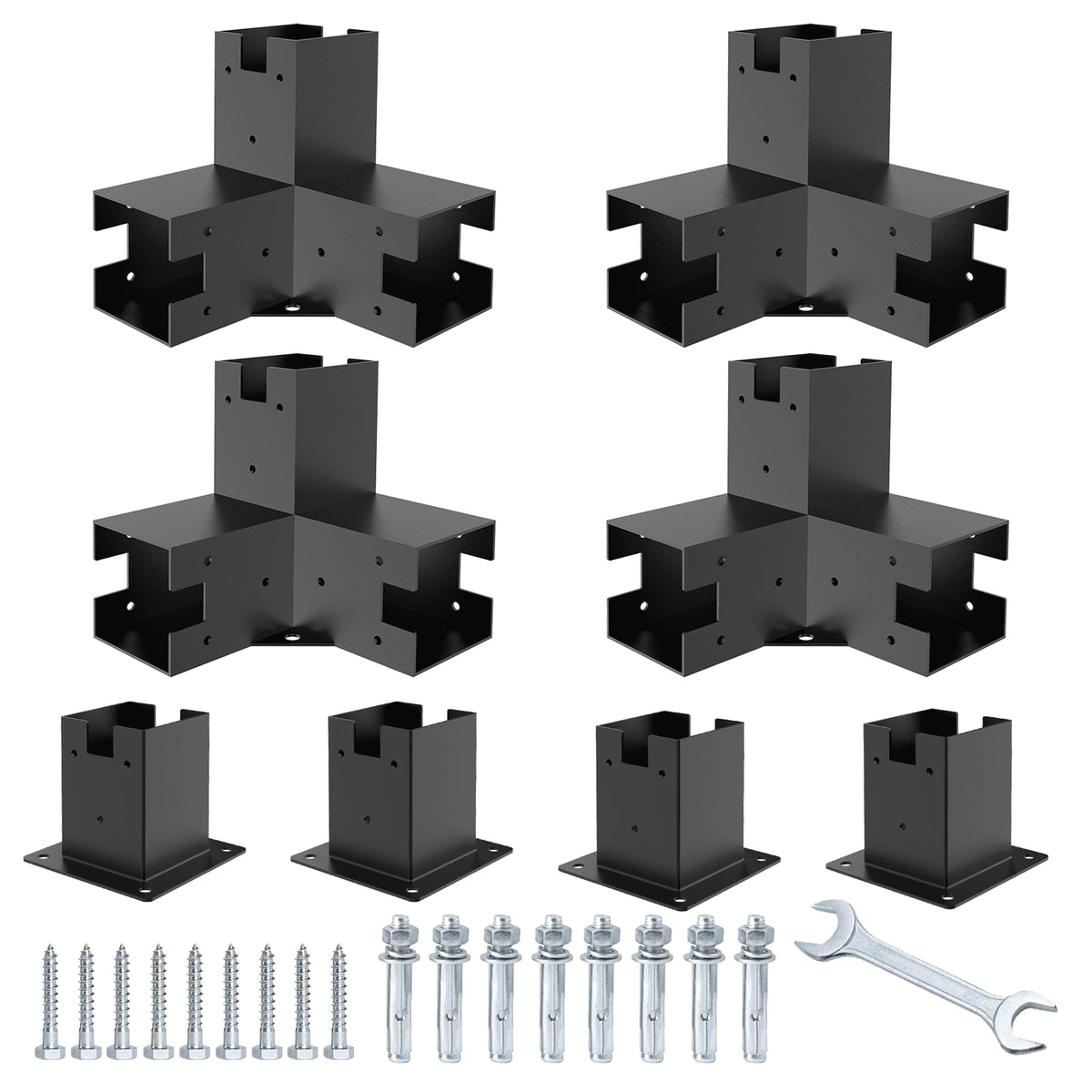 Pergola Brackets 12 Gauge Heavy Duty Steel Modular Modern Outdoor Pergola Hardware Kit DIY Elevated Wood Stand kit Includes 4 Bracket Shoulders 4 Boots for 4x4 (Actual: 3.5x3.5 Inch)