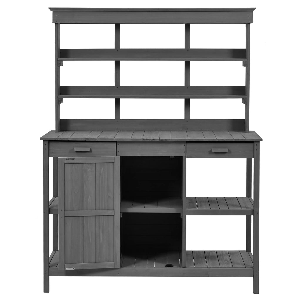 YIYADO 66" Large Outdoor Wooden Planter Workbench, Farmhouse Style Garden Workstation with 2 Drawers, Cabinets, and Open Shelves, Suitable for Backyards and Mudrooms, Gray