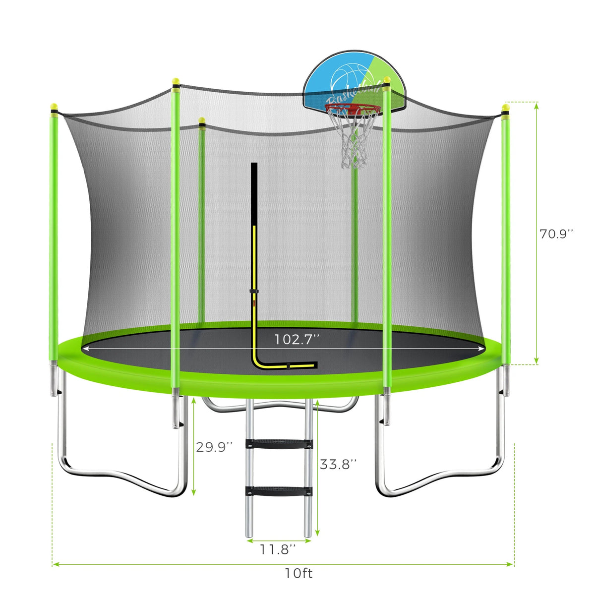 Noble House 8FT Outdoor Trampoline for Kids with Safety Enclosure Net, Basketball Hoop & Ladder, Blue