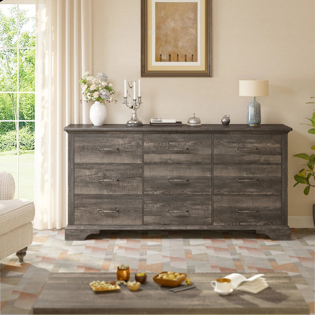 EnHomee Wood Dresser for Bedroom 9 Drawer Dressers&Chest of Drawers 63"L x 15.7"W x 31.5"H,Brown