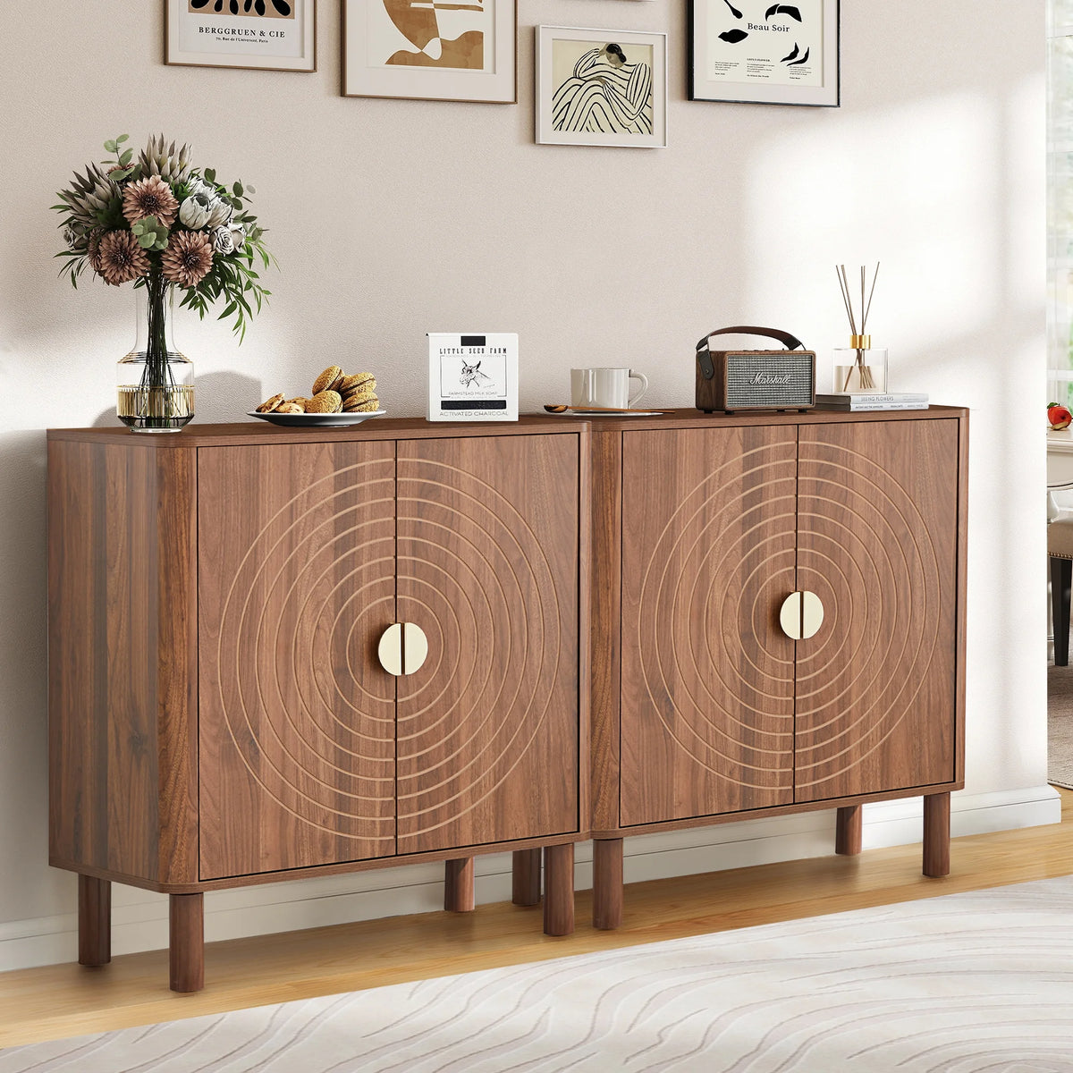 Accent Cabinet with Round Carved Line Door for Entryway Hallway, Walnut Sideboard Buffet Cabinet, Storage Cabinet with Adjustable Shelves for Living Room