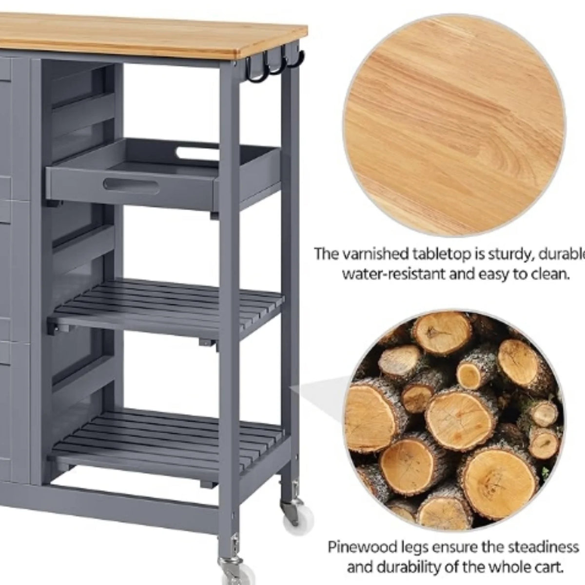 Kitchen Island Cart on Wheels with Storage, Rolling Bar Cart with Solid Wood Top and 3 Drawers, 3 Removable Shelves, Serving Utility Carts for Dining Room/Small Kitchen, Dark Gray
