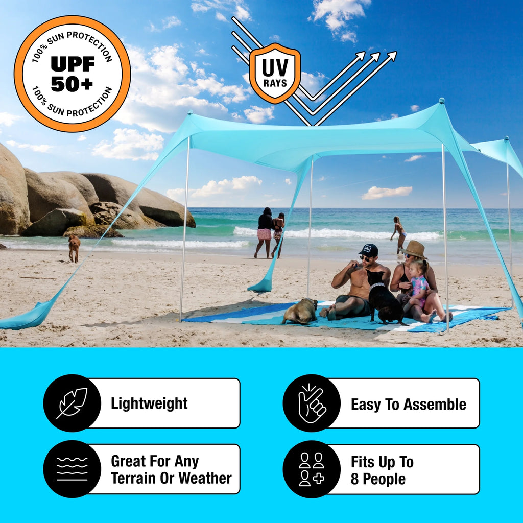 SUN NINJA 10x10.5 FT Pop-Up Beach Tent with Sand Shovel, Pegs & Stability Poles Navy Blue Sun Shelter for Beach, Camping & Outdoor Activities