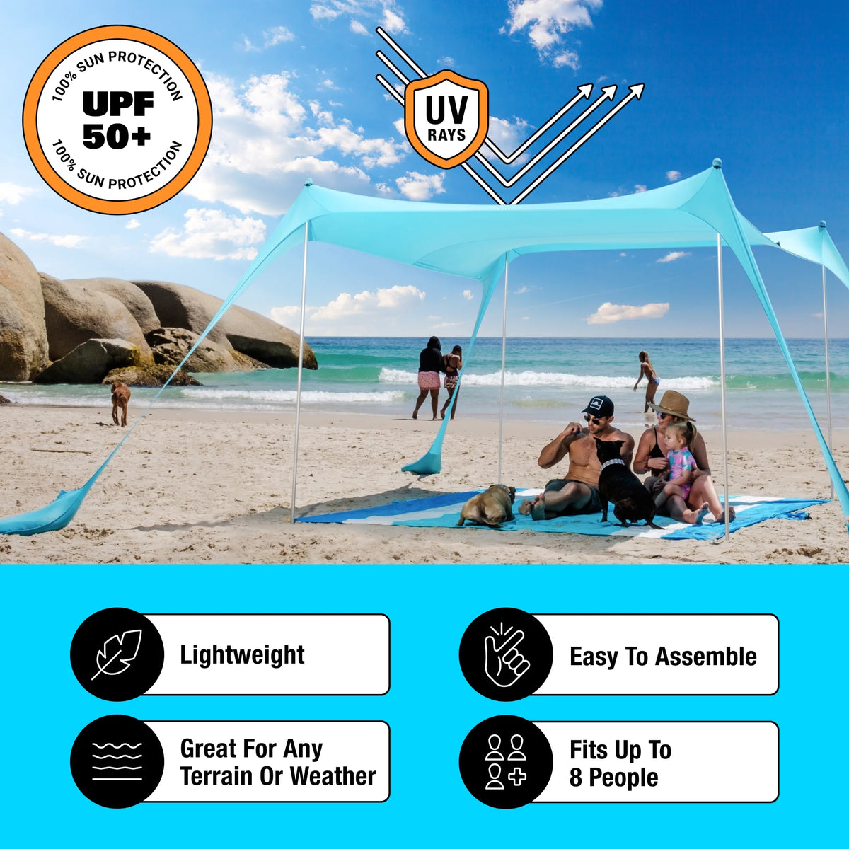 SUN NINJA 10x10.5 FT Pop-Up Beach Tent with Sand Shovel, Pegs & Stability Poles Navy Blue Sun Shelter for Beach, Camping & Outdoor Activities