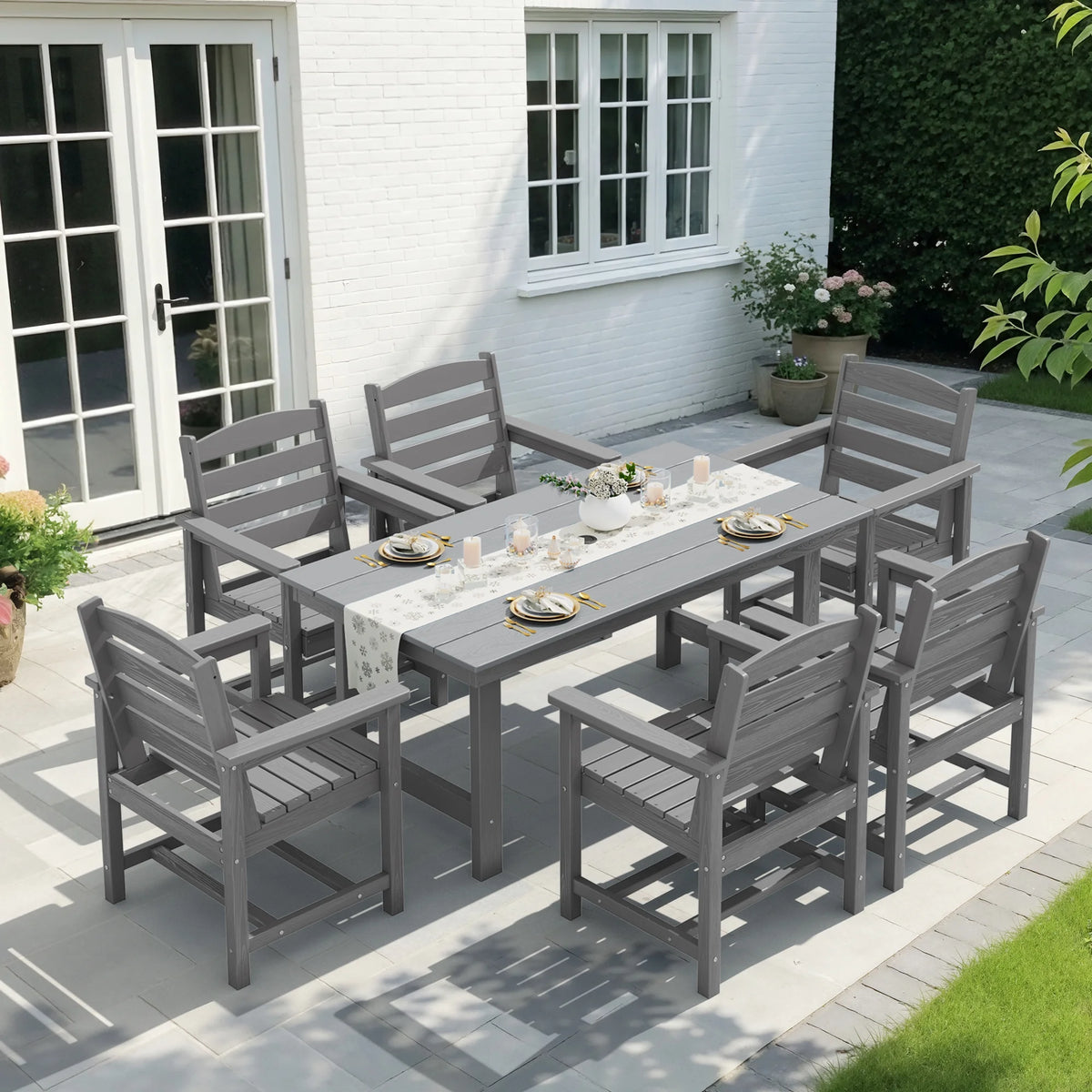 KINGYES 7-Piece Outdoor Dining Set, HDPE Patio Table and Chairs with Umbrella Hole, Gray