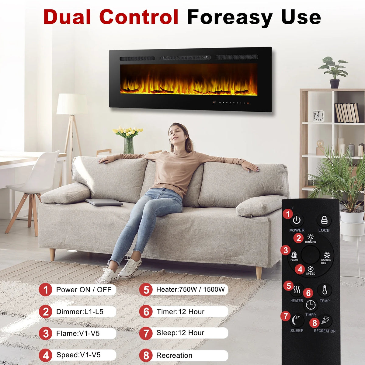 60" Electric Fireplace, Ultra-thin Recessed and Wall Mounted Fireplace, Linear Fireplace with Timer Remote Control Adjustable Flame Color 750w/1500w Black