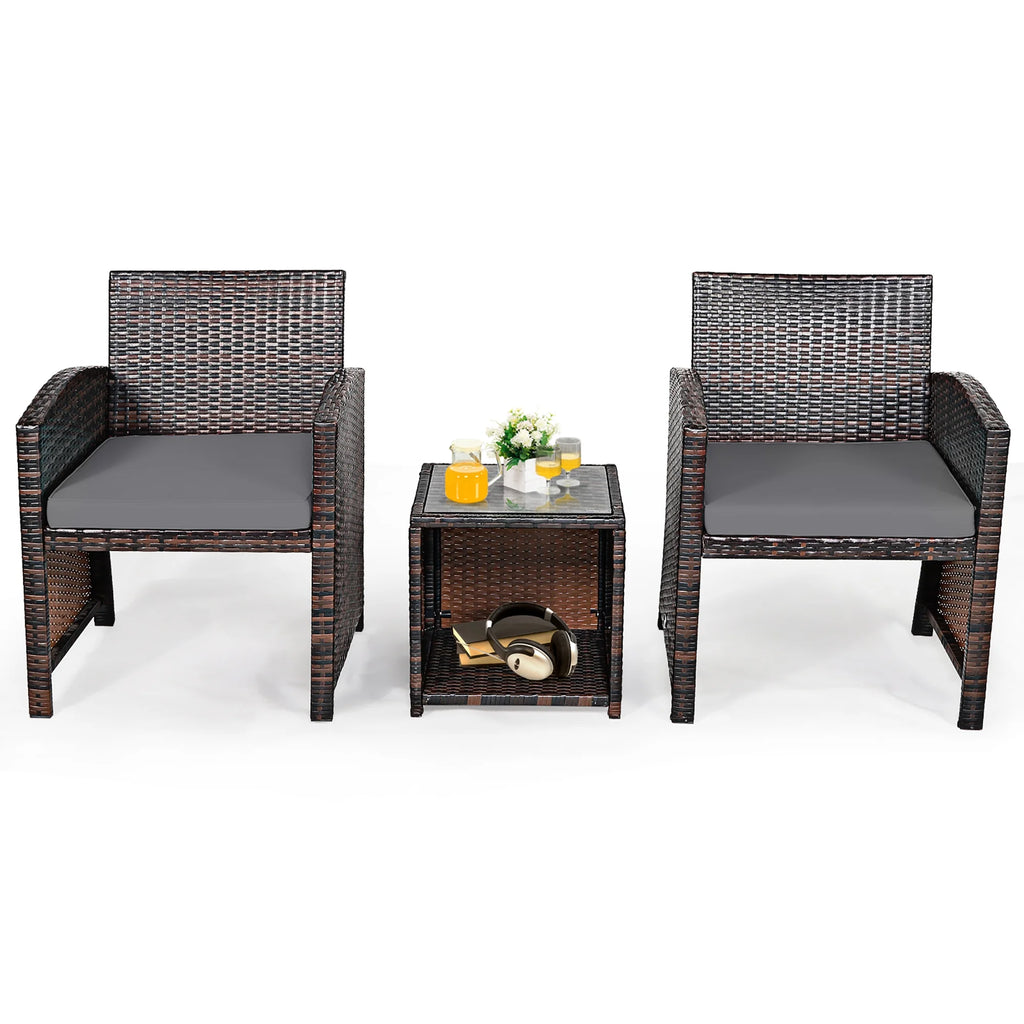 Costway 3PCS Patio Rattan Wicker Furniture Cushion Sofa Coffee Table Gray