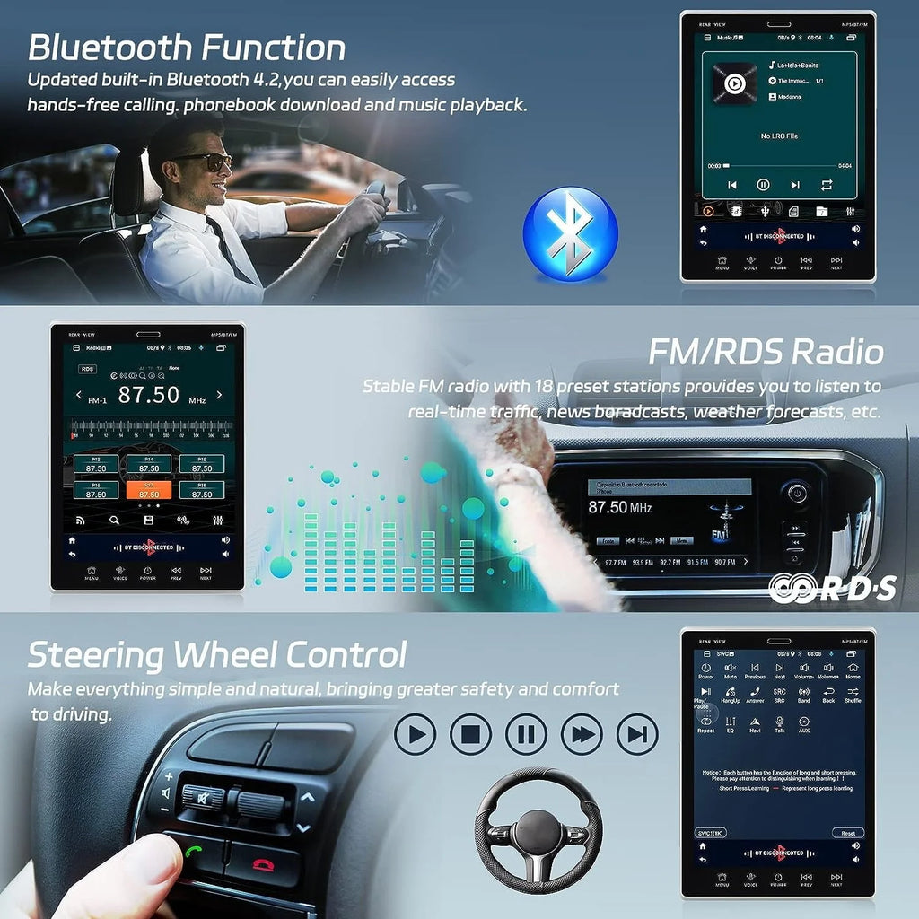 Podofo 2+32G Double 2 Din Adjustable 9.5'' Vertical HD Touch Screen Car Stereo Radio Android 12 Car Player Head Unit Bluetooth Wifi GPS FM Receiver Audio USB Mirror Link, with Backup Camera