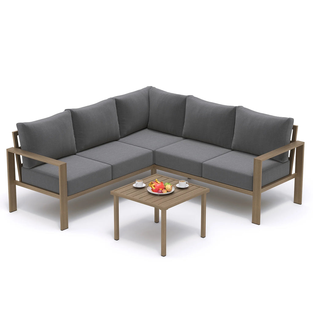 ELPOSUN 6 Pieces Patio Furniture Sets with 6" Thick Olefin Cushions, Metal Outdoor Sectional Furniture L Shape Patio Conversation Sets for Garden, Backyard Beige