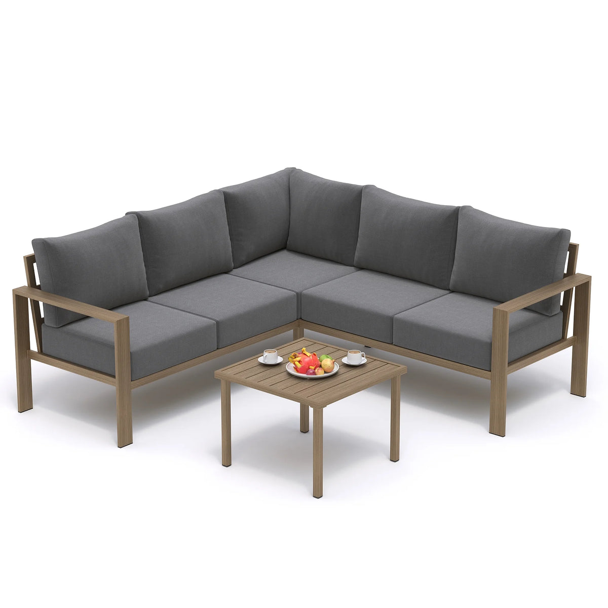 ELPOSUN 6 Pieces Patio Furniture Sets with 6" Thick Olefin Cushions, Metal Outdoor Sectional Furniture L Shape Patio Conversation Sets for Garden, Backyard Beige