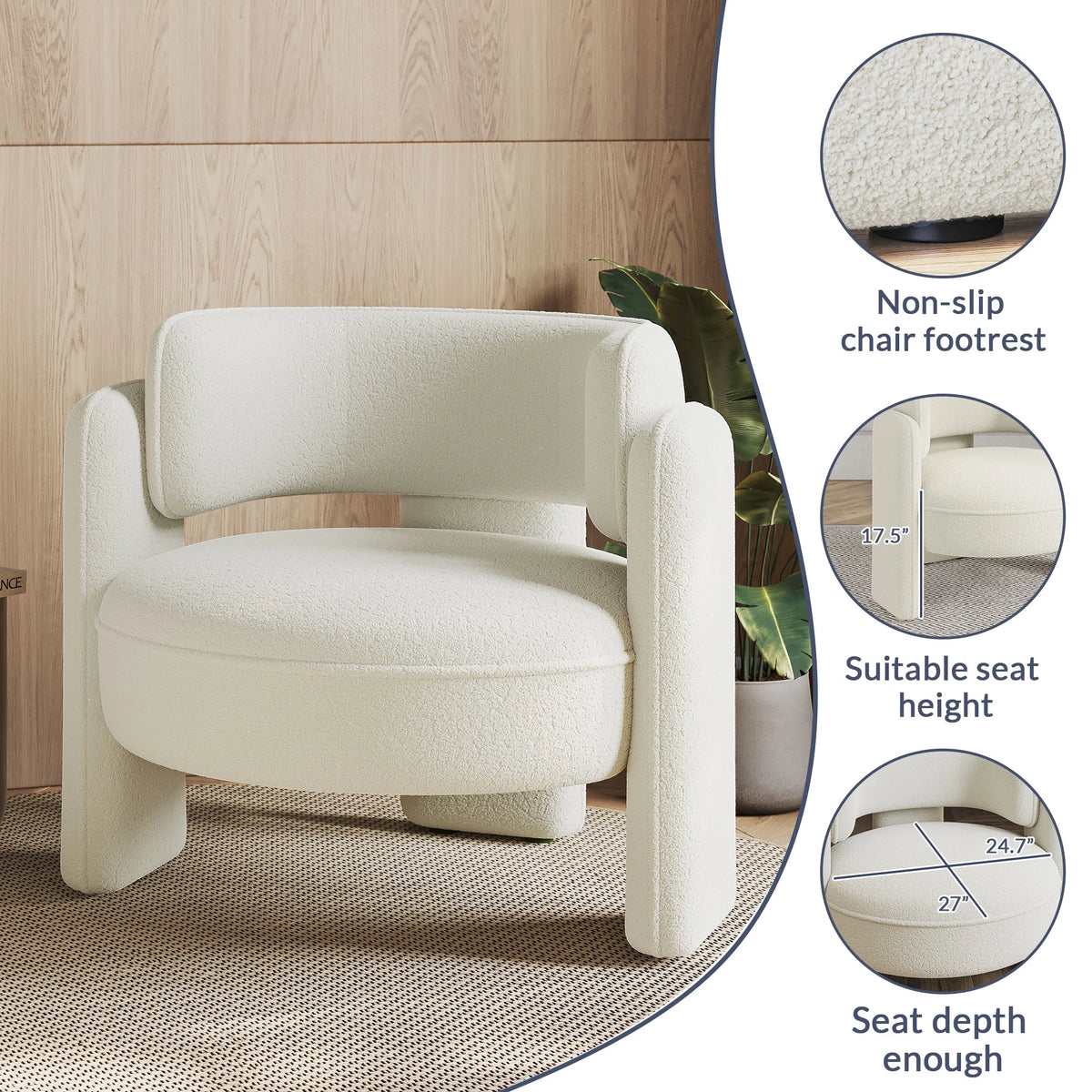 BELLEZE Sherpa Boucle Chair, Modern Barrel Accent Chair Comfy Round Upholstered Armchair Accent Side Chair for Living Room, Bedrooms, Corner - Quinton White