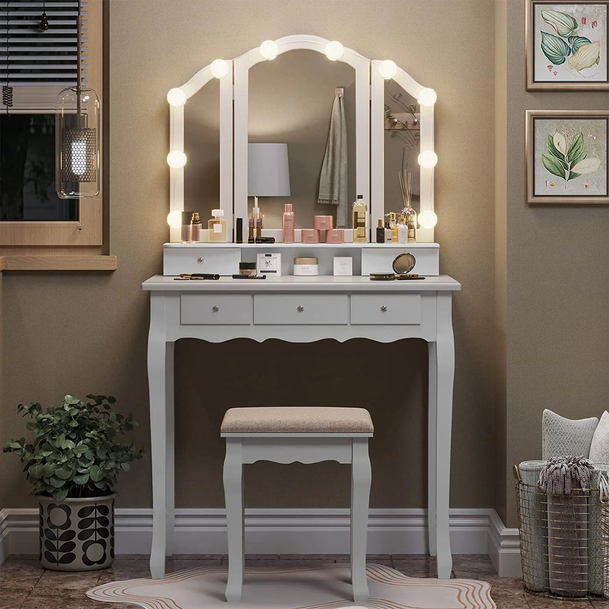 Afuhokles Vanity Table Set with Lighted Tri-Fold Mirror and Stool, Makeup Vanity Dressing Desk 5 Drawers, White