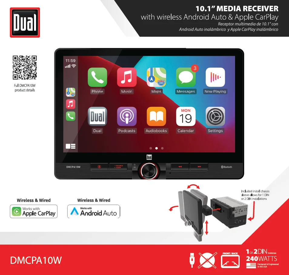 Dual Electronics 10.1" Touchscreen Car Stereo Receiver with Wireless Apple CarPlay & Android Auto Includes Single & Double DIN Adapters, Bluetooth, USB DMCPA10W (New)