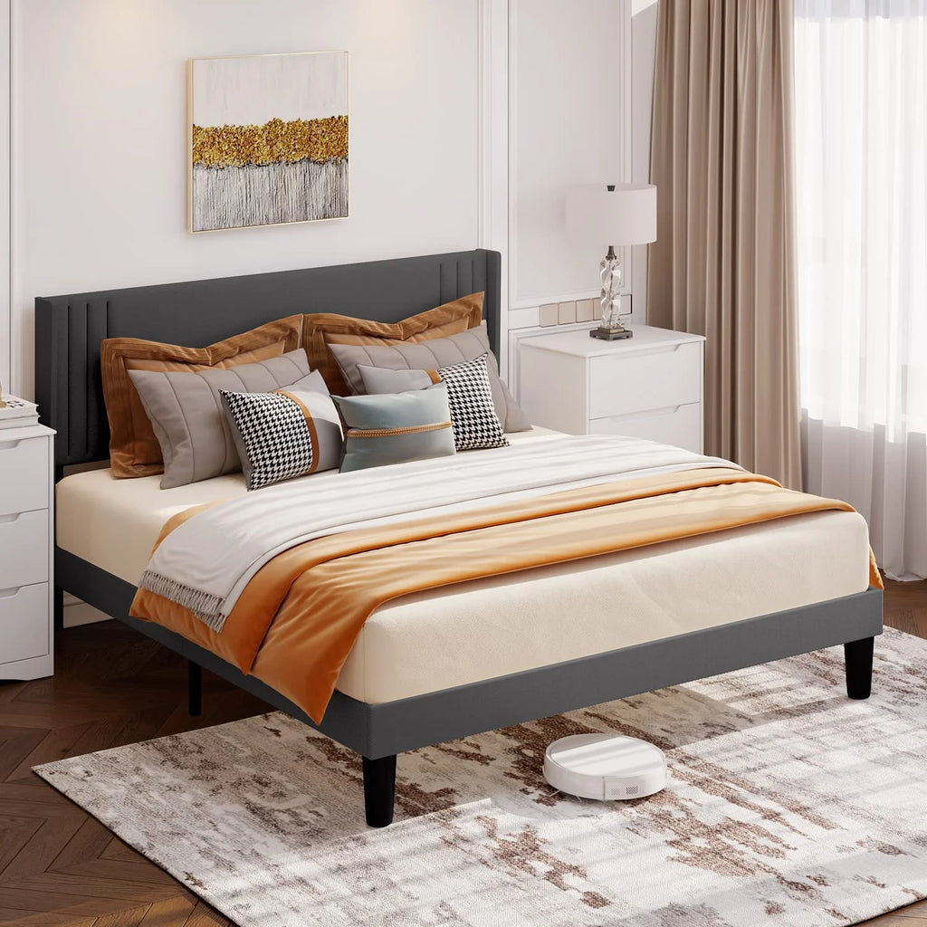 Full Size Bed Frame, Bed Frame with Wingback Headboard Hold 850 lbs, Dark Gray