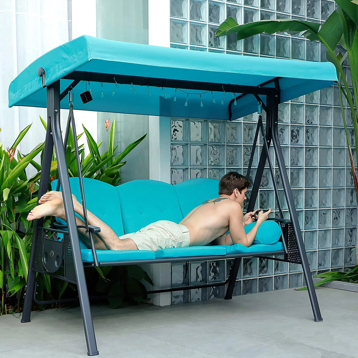 PURPLE LEAF 3-Seat Deluxe Outdoor Patio Porch Swing with Weather Resistant Steel Frame, Adjustable Tilt Canopy, Cushions and Pillow Included, Terra