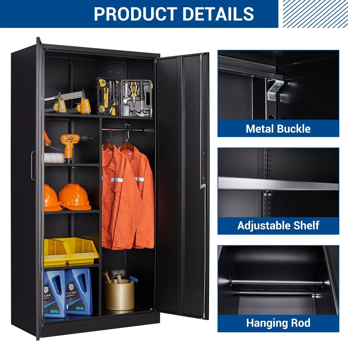 STANI Metal Locker Storage Cabinet, Employees Locker with Hanging Rod Bar, 71 Black Tall Steel Wardrobe for Home, School, Office (Assembly Required)