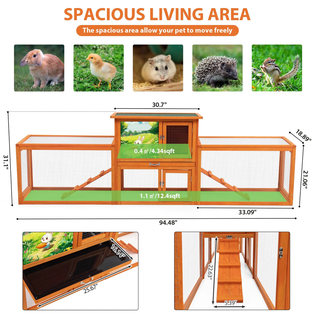 COZIWOW 94'' Wooden Large Rabbit Hutch with Pull Guinea Pig House Chincken Coop Gray