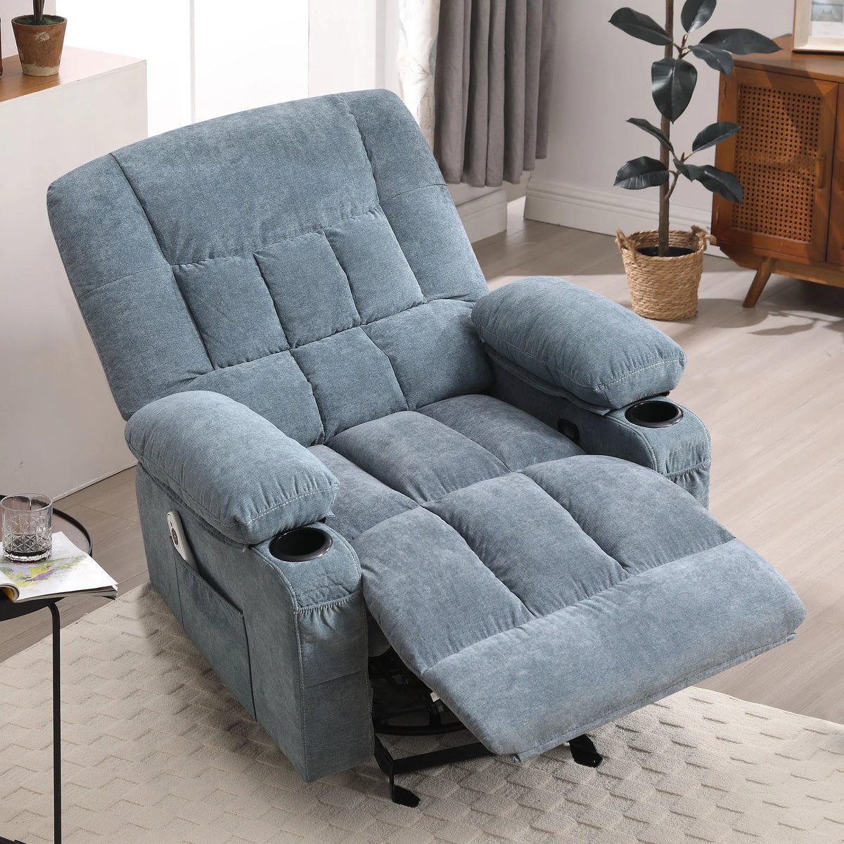 JONPONY Massage Swivel Rocker Recliner Chair with Vibration Massage and Heat Ergonomic Lounge Chair for Living Room with Rocking Function and Side Pocket, 2 Cup Holders, USB Charge Port,Grey