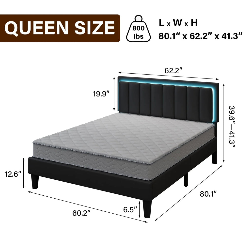 4 EVER WINNER Queen LED Bed Frame, Upholstered Bed Frame with LED Light Headboard, Black