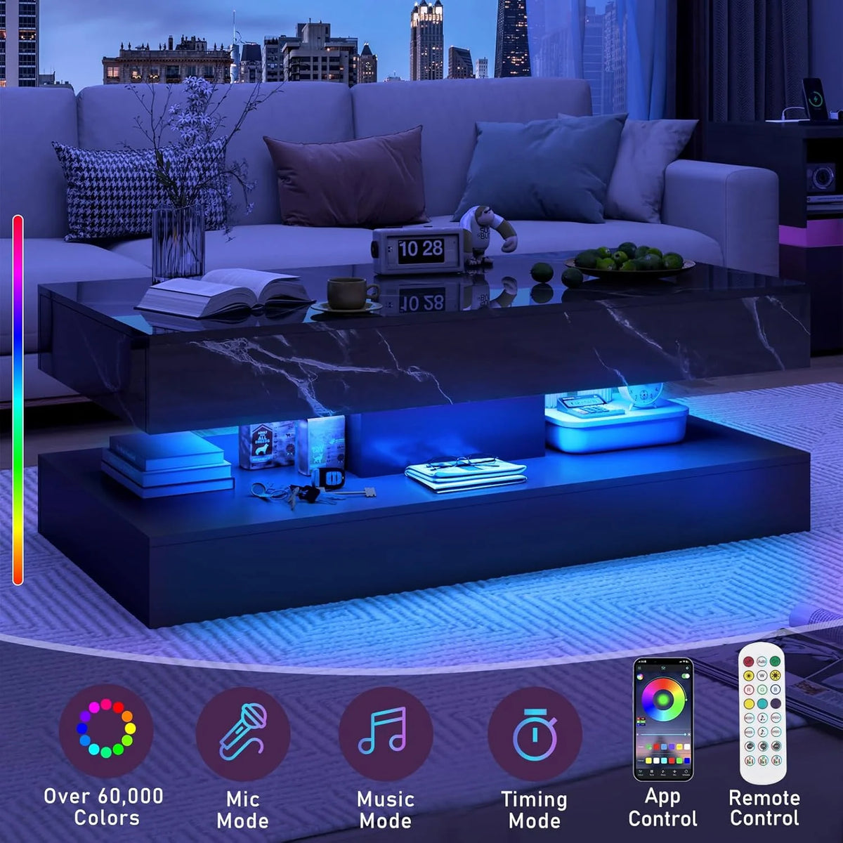 ChVans Large Black LED Coffee Table with 2 Storage Drawers, Modern High Gloss Coffee Table w/20 Colors LED Lights/APP Control, 2 Tiers Rectangle Large Living Room Furniture w/Marbling Print(47.3")