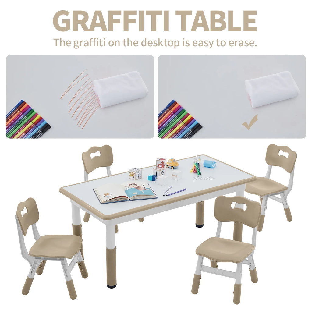 Toddler Table and Chairs Set for 4, 47.2''L x 23.6''W Kids Study Table and Chair Set, Height-Adjustable, Graffiti Desktop, Children Activity Table for Daycare, Classroom, Home