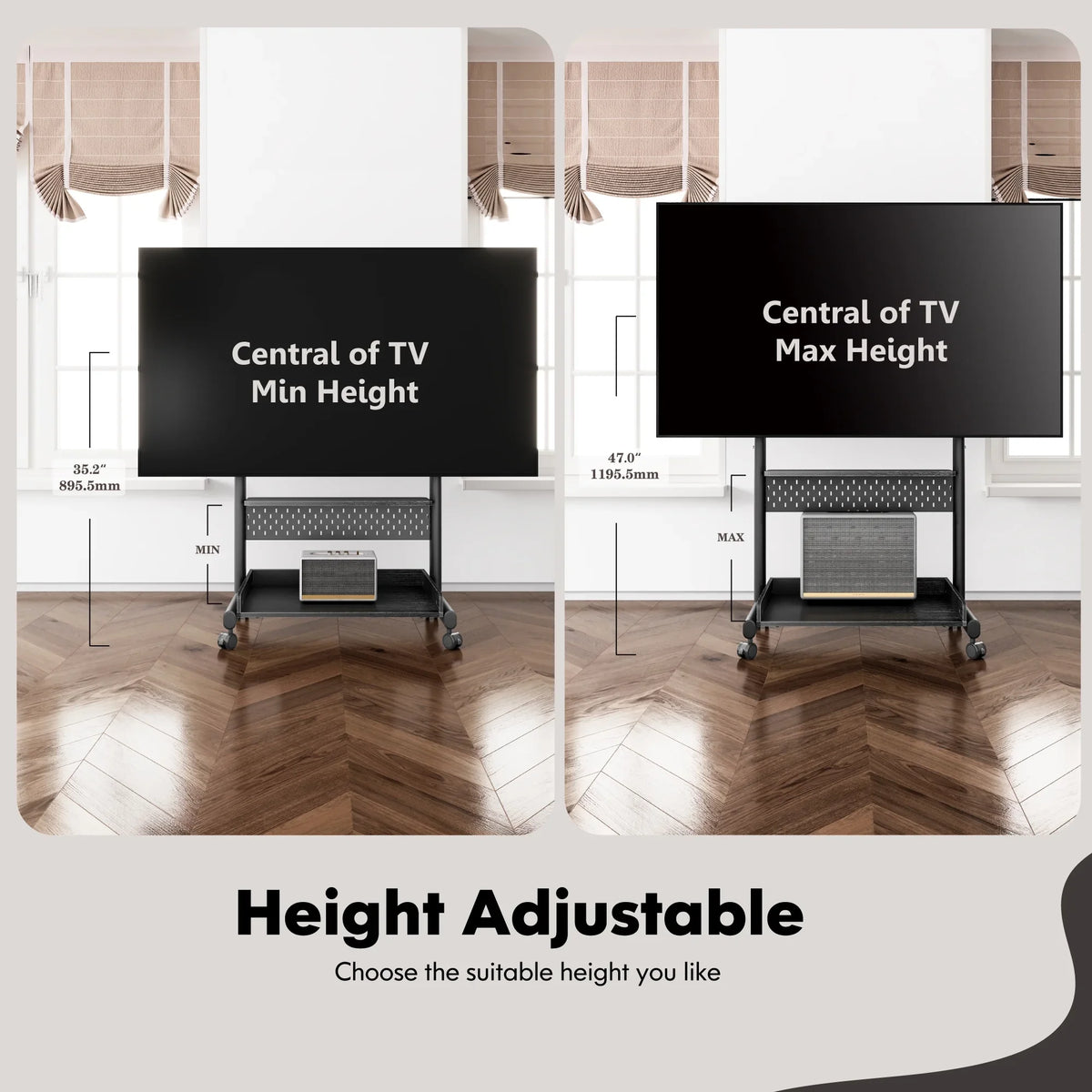 FITUEYES Rolling TV Stand with Wheels for 40-85 inch TVs, Height Adjustable Mobile TV Stand TV cart with Wooden Large Storage,White