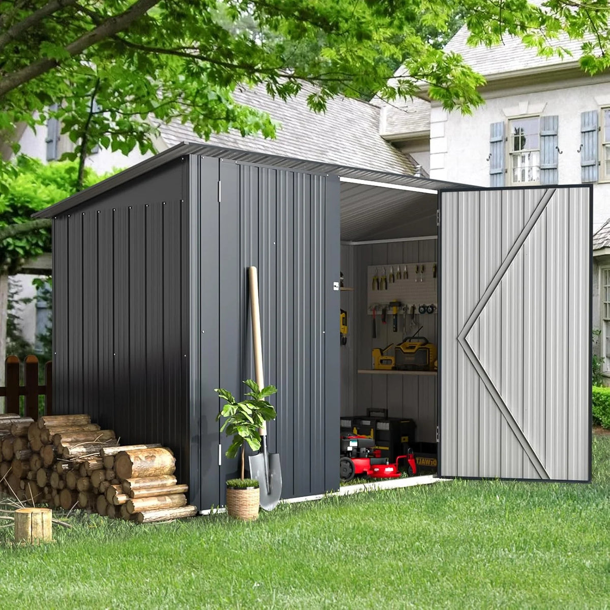 YODOLLA Outdoor Storage Shed, 3 x 7 Ft Bike Sheds & Outdoor Storage, Small Metal Outdoor Storage Cabinet for Garden