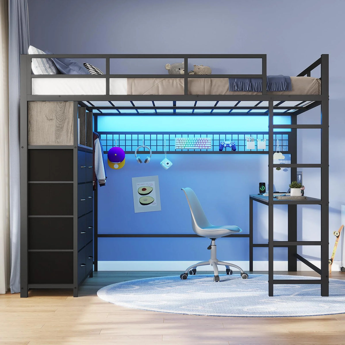 Afuhokles Twin Size Loft Bed with Desk and 8 Storage Drawers and Charging Station, Metal Loft Bed Twin with LED Lights, Storage Shelves, Black
