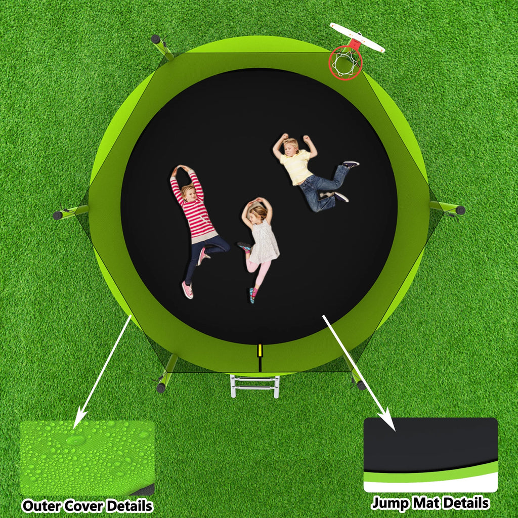 8FT Trampoline for Kids,Outdoor Trampoline with Basketball Hoop,Heavy-Duty Trampoline with Safety Enclosure Net,Blue