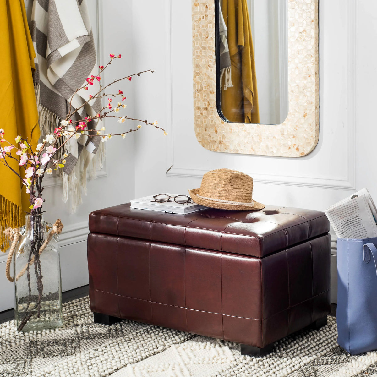 SAFAVIEH Small Manhattan Rustic Tufted Storage Bench, Brown