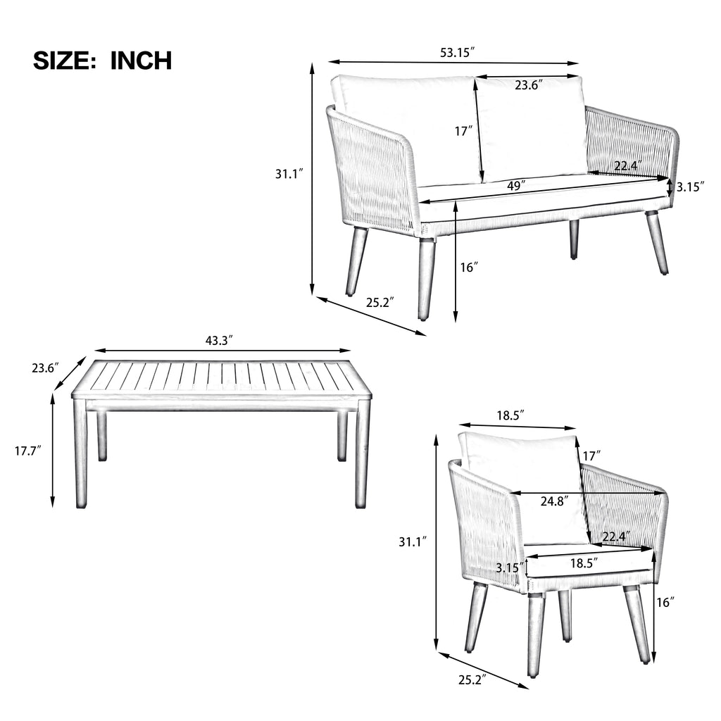 YIYADO 4-piece outdoor sofa set with rattan design, leisure table and chairs with cushions, outdoor sun protection, balcony sofa chair, beige
