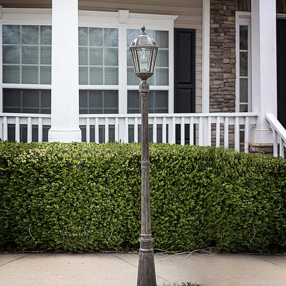 Gama Sonic Solar Outdoor Lamp Post Light, Black Cast Aluminum and Beveled Glass Panels, 10-Year Royal Bulb, Warm White LED with Omni-Direction Reflector, 87-inch Height, 98B001