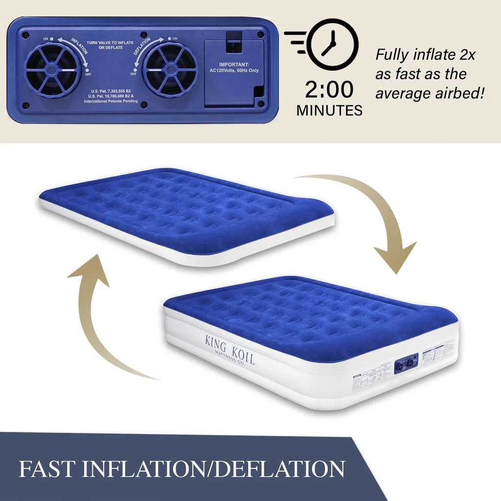 King Koil Pillow Top Plush Queen Air Mattress With Built-in High-Speed Pump Best For Home, Camping, Guests, Queen Size Luxury Double Airbed Adjustable Blow Up Mattress, Waterproof, 1-Year Warranty