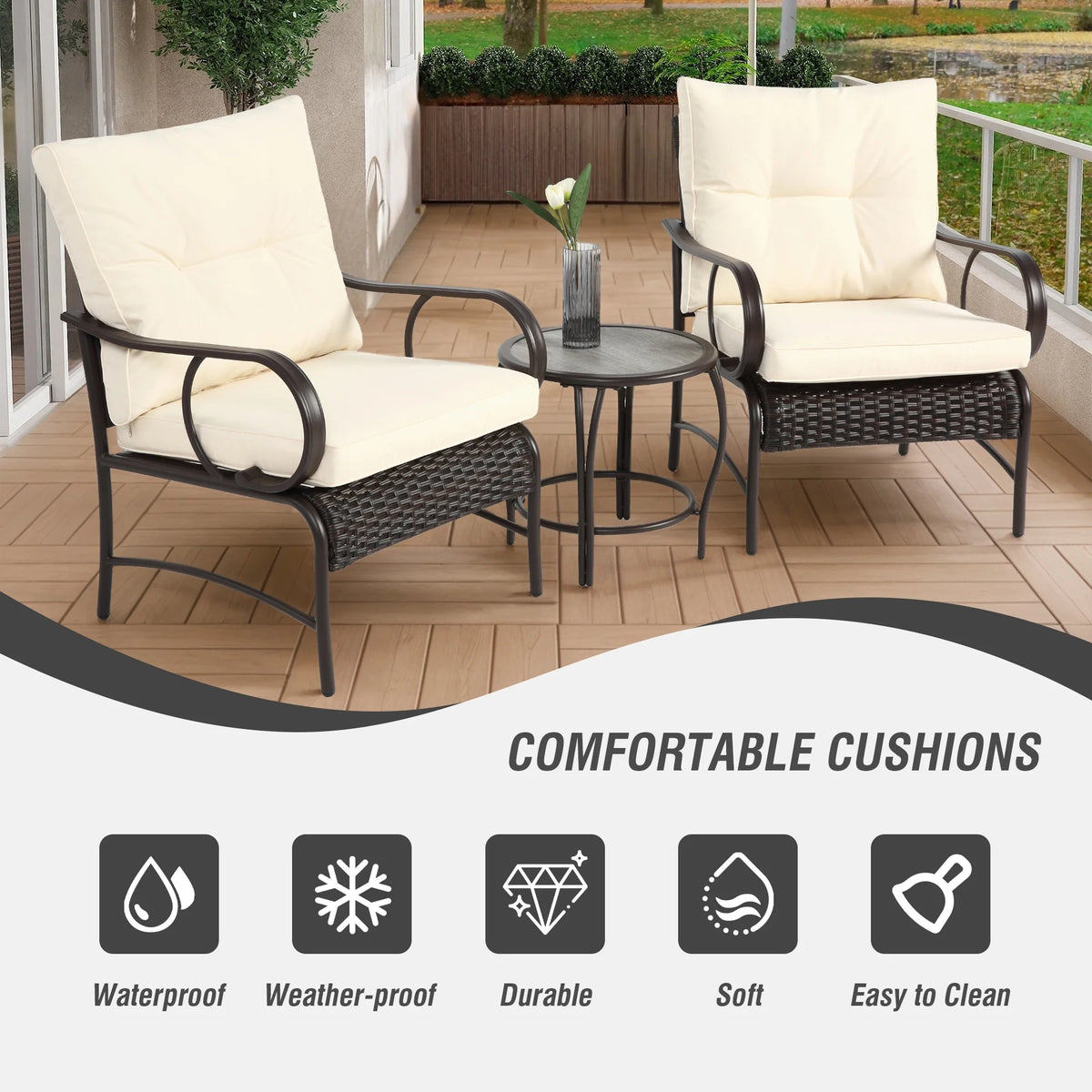 Villeston 3 Piece Outdoor Wicker Conversation Patio Set, with 2 Chairs, Table for Porch Garden,Blue